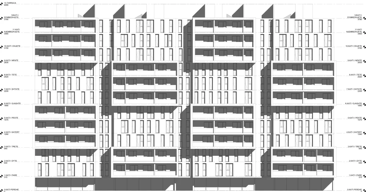 3D-Modellierung eines mehrgeschossigen Architekturprojekts als technische Fassadenansicht