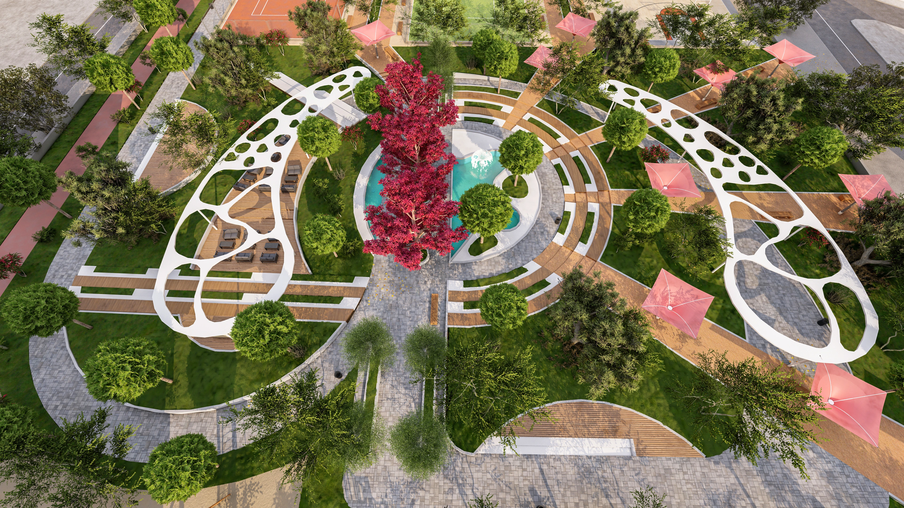 Landschaftsvisualisierung einer Plaza und eines Aufenthaltsbereichs