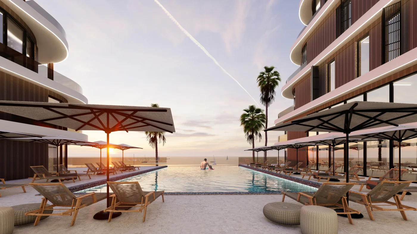 Fotorealistische 3D-Visualisierung eines modernen Hotel-Resorts mit Poolbereich bei Sonnenuntergang