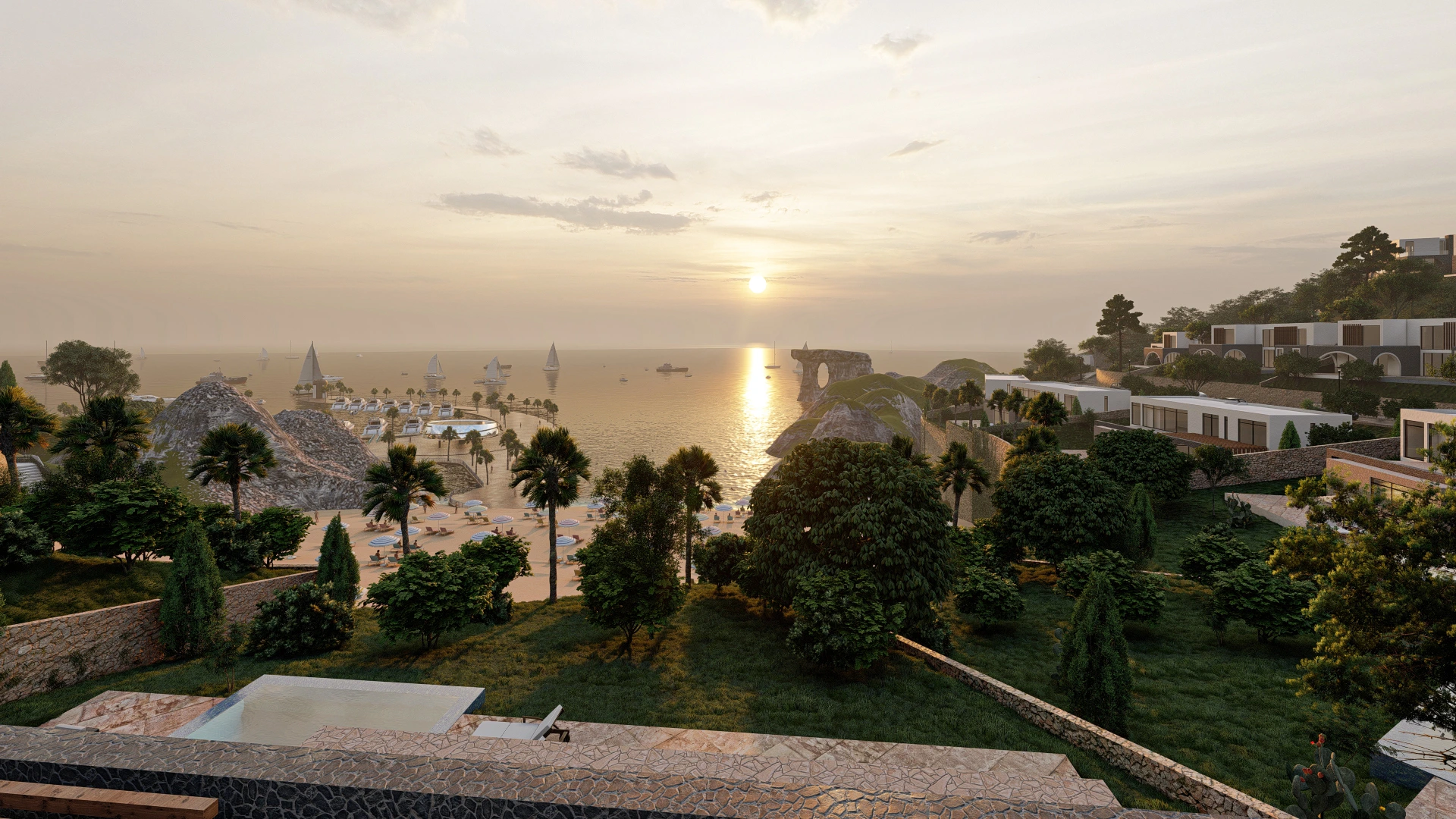 Hotelvisualisierung eines Kuestenresorts mit Panorama
