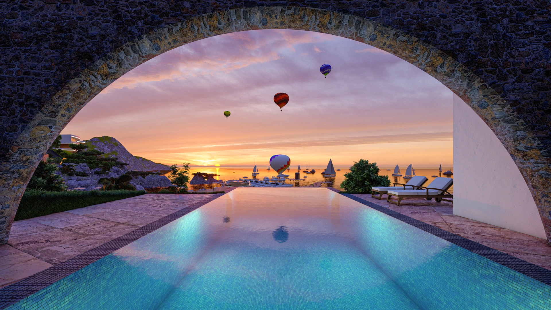 Hotelvisualisierung eines Kuestenresorts mit Panorama - Perspektive 65