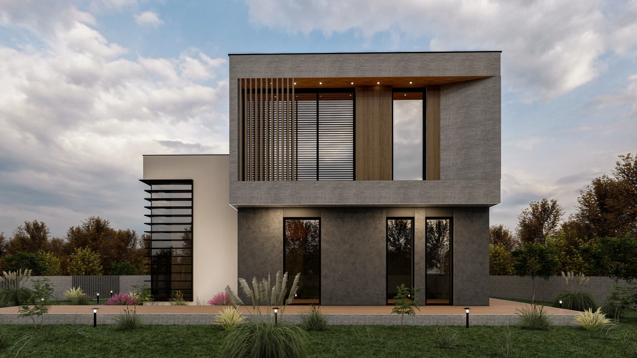 Fotorealistische 3D-Visualisierung einer exklusiven Neubauvilla mit Poolterrasse