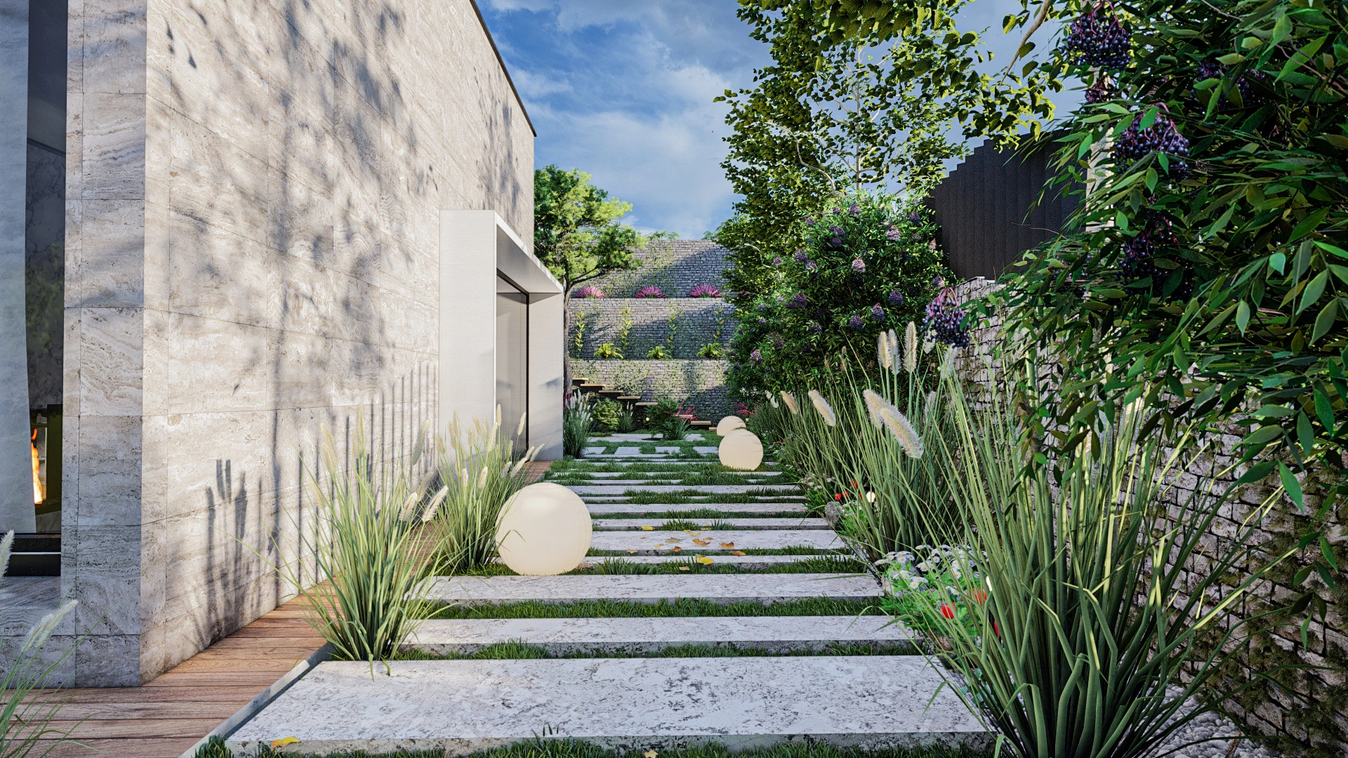 Fotorealistische Perspektive derselben Neubauvilla mit Pool und Abendstimmung