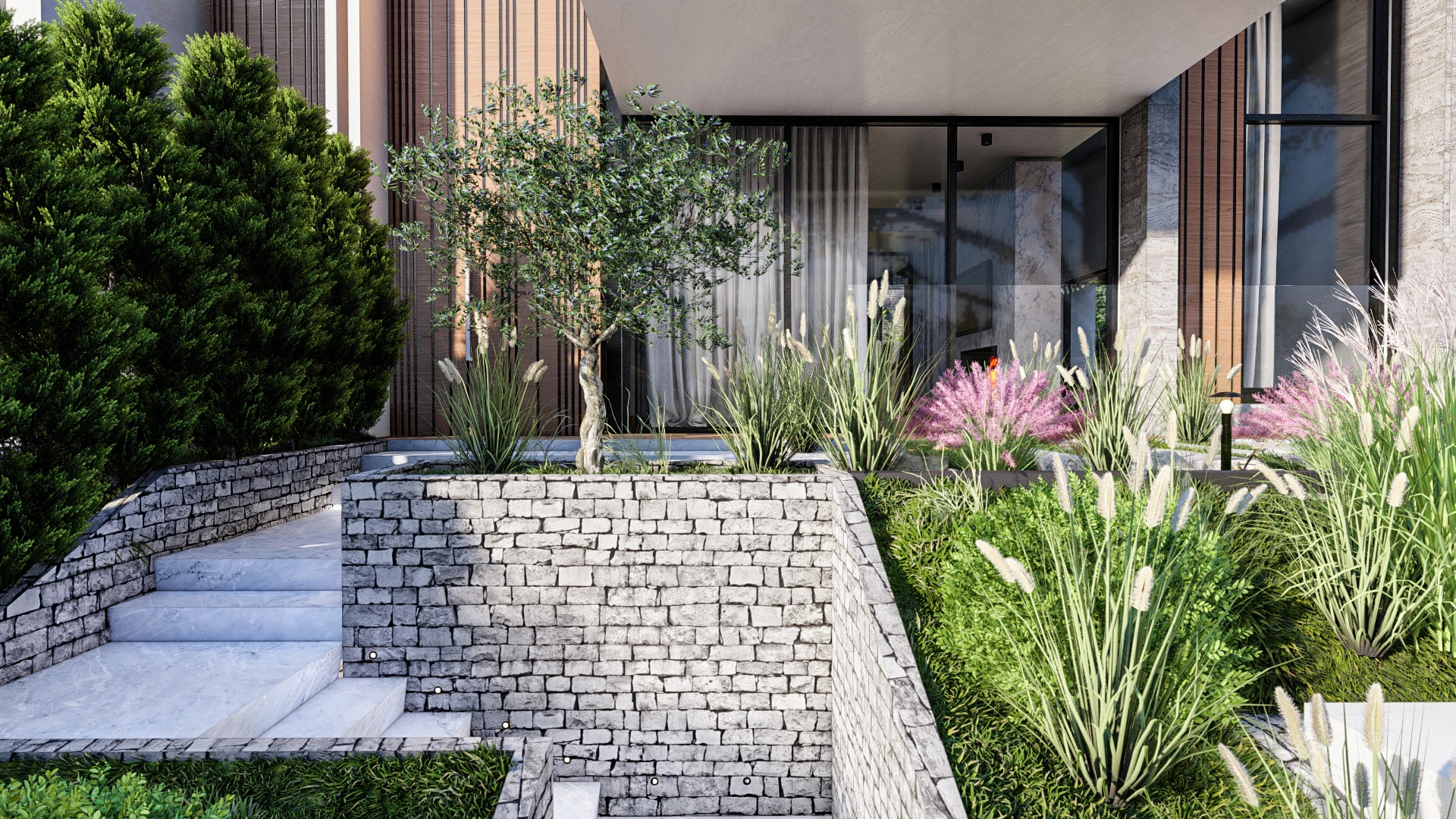 3D-Visualisierung eines exklusiven Wohnensembles mit moderner Architektur und Poolbereich