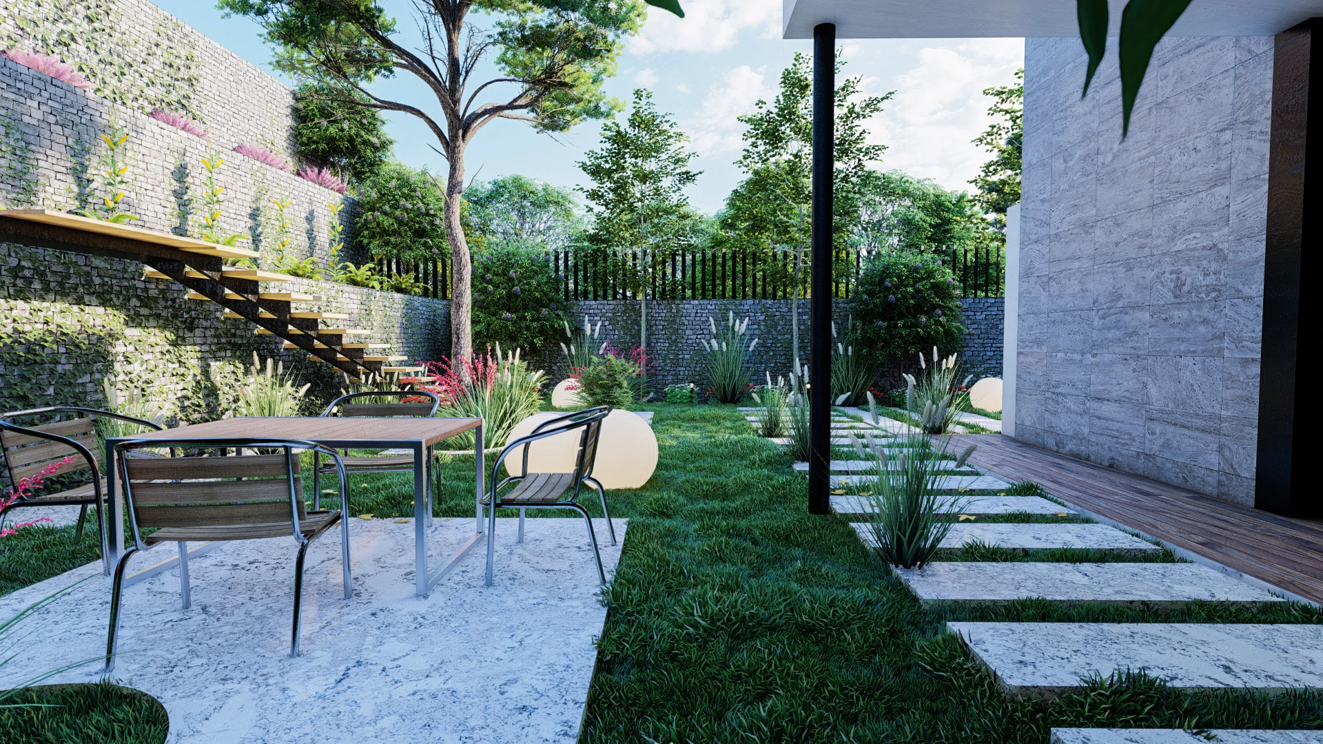 Fotorealistische 3D-Visualisierung eines modernen Reihenhausprojekts mit klarer Fassadengliederung