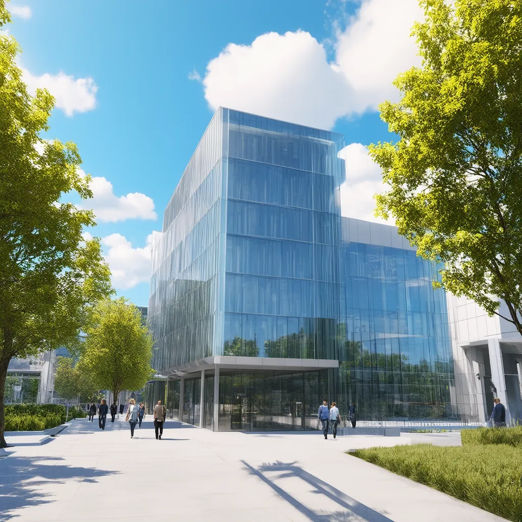 Fotorealistische 3D-Visualisierung eines modernen Bürogebäudes mit Glasfassade und urbanem Vorplatz