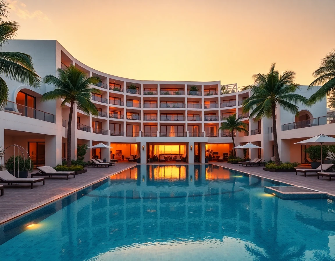 Fotorealistische 3D-Visualisierung eines Luxushotels mit Infinity-Pool bei Sonnenuntergang