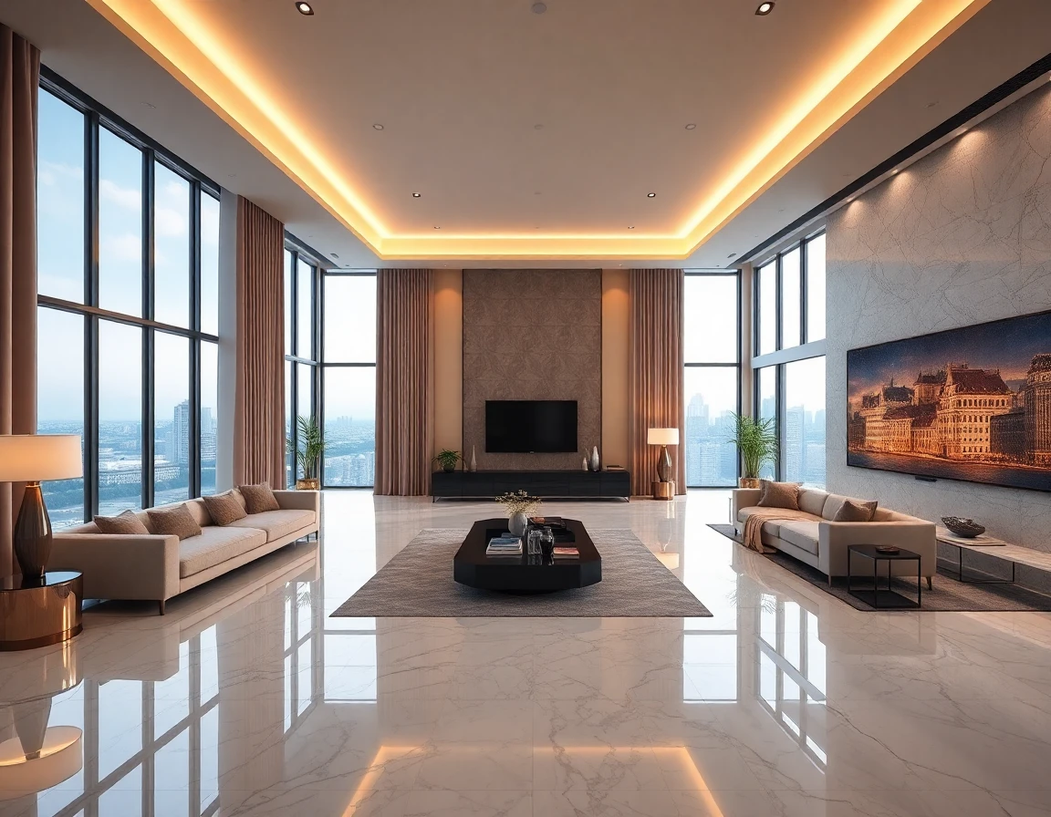 Fotorealistische Innenvisualisierung eines modernen Wohnraums mit Premium-Materialien