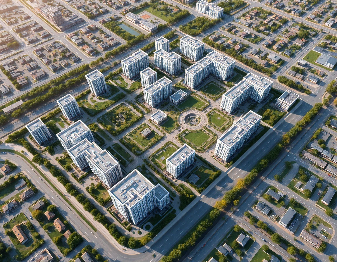 3D-Visualisierung eines Masterplans mit Wohngebaeuden, Freiraeumen und Gesamtstruktur aus der Vogelperspektive