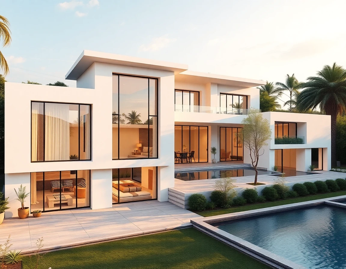 Fotorealistische 3D-Visualisierung einer modernen Villa mit klarer Formensprache
